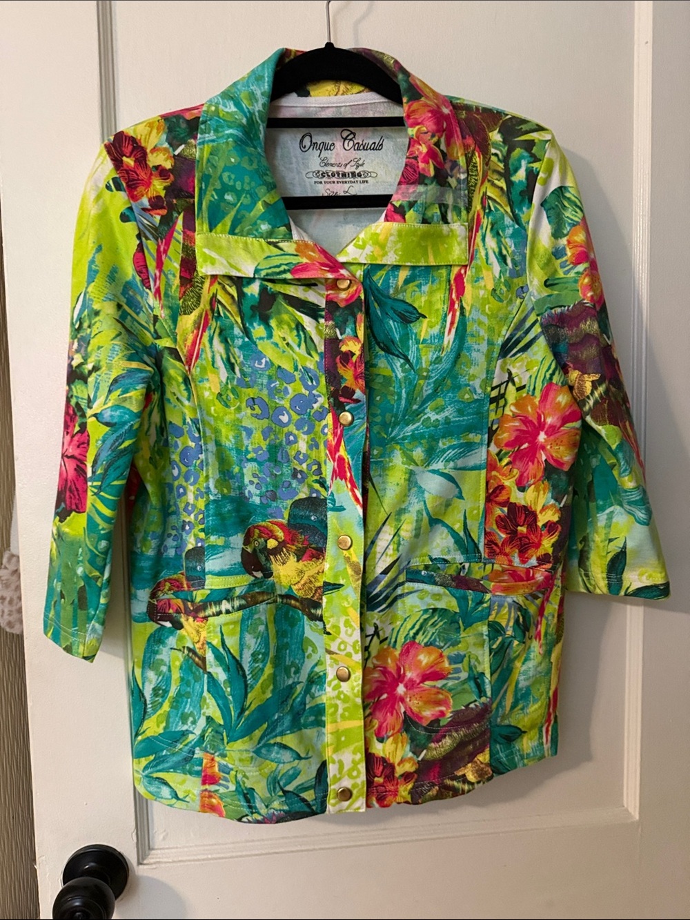 Onque Casuals Tropical Floral Jean Jacket - Green Multi